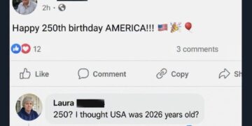 Facebook post about US 250th birthday where someone confuses year 2026 with age