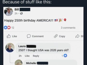Facebook post about US 250th birthday where someone confuses year 2026 with age