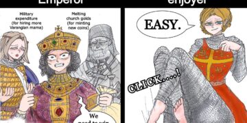 Two-panel meme: stressed Byzantine emperor vs smug Crusader pressing SACK button