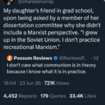Screenshot of Charles Murray tweet about a graduate student who grew up in the Soviet Union and doesn't practice recreational Marxism
