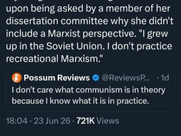 Screenshot of Charles Murray tweet about a graduate student who grew up in the Soviet Union and doesn't practice recreational Marxism