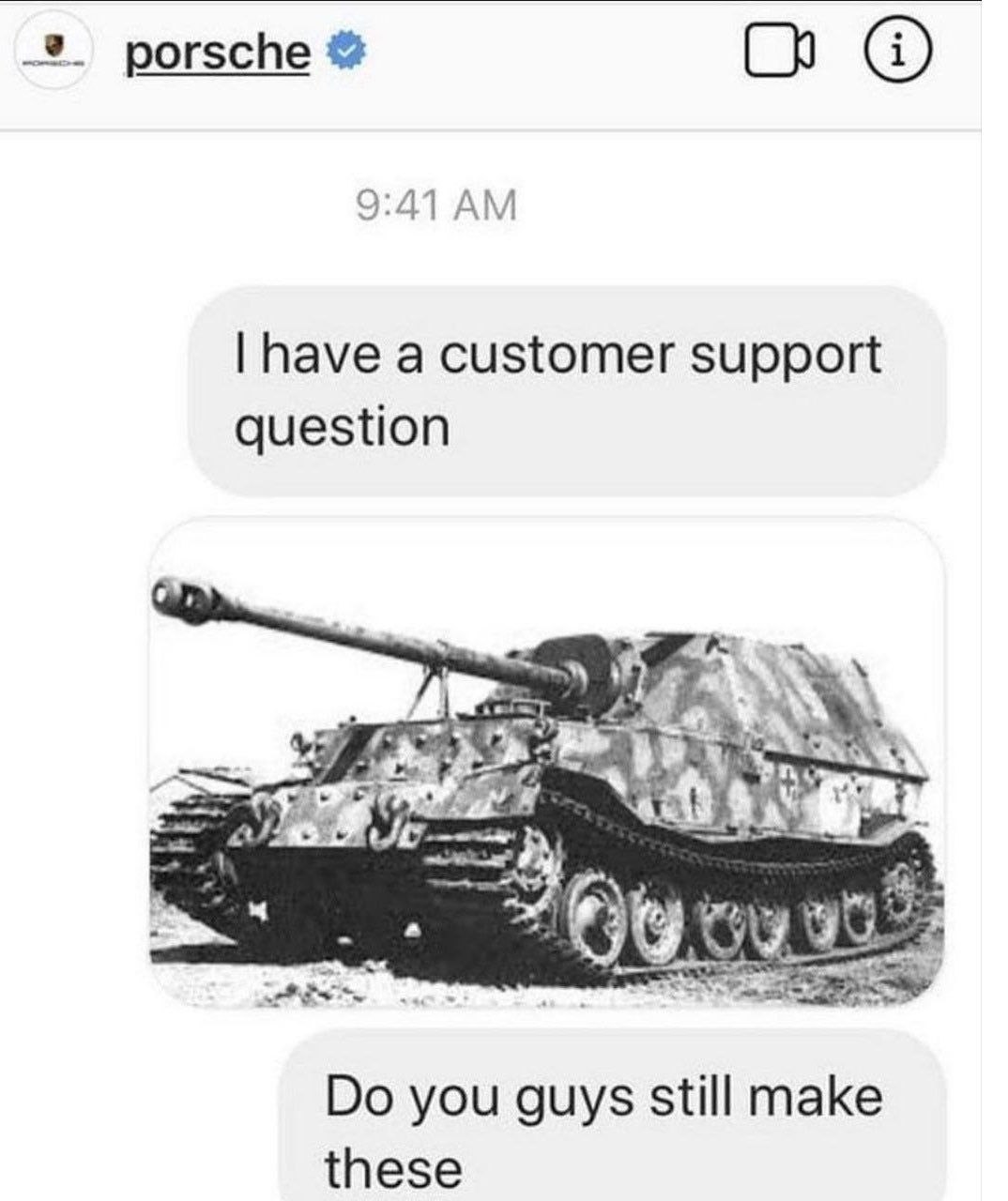 Porsche customer support tank meme