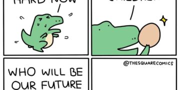 Four-panel comic showing a dinosaur working hard for its children, then a chicken running away - evolution joke