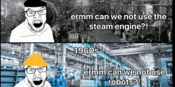 4 panel meme about Luddite attitudes towards technology across history
