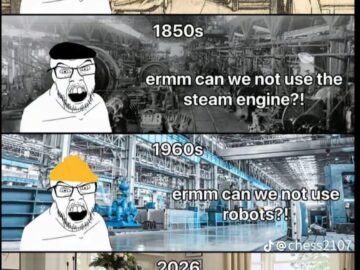 4 panel meme about Luddite attitudes towards technology across history