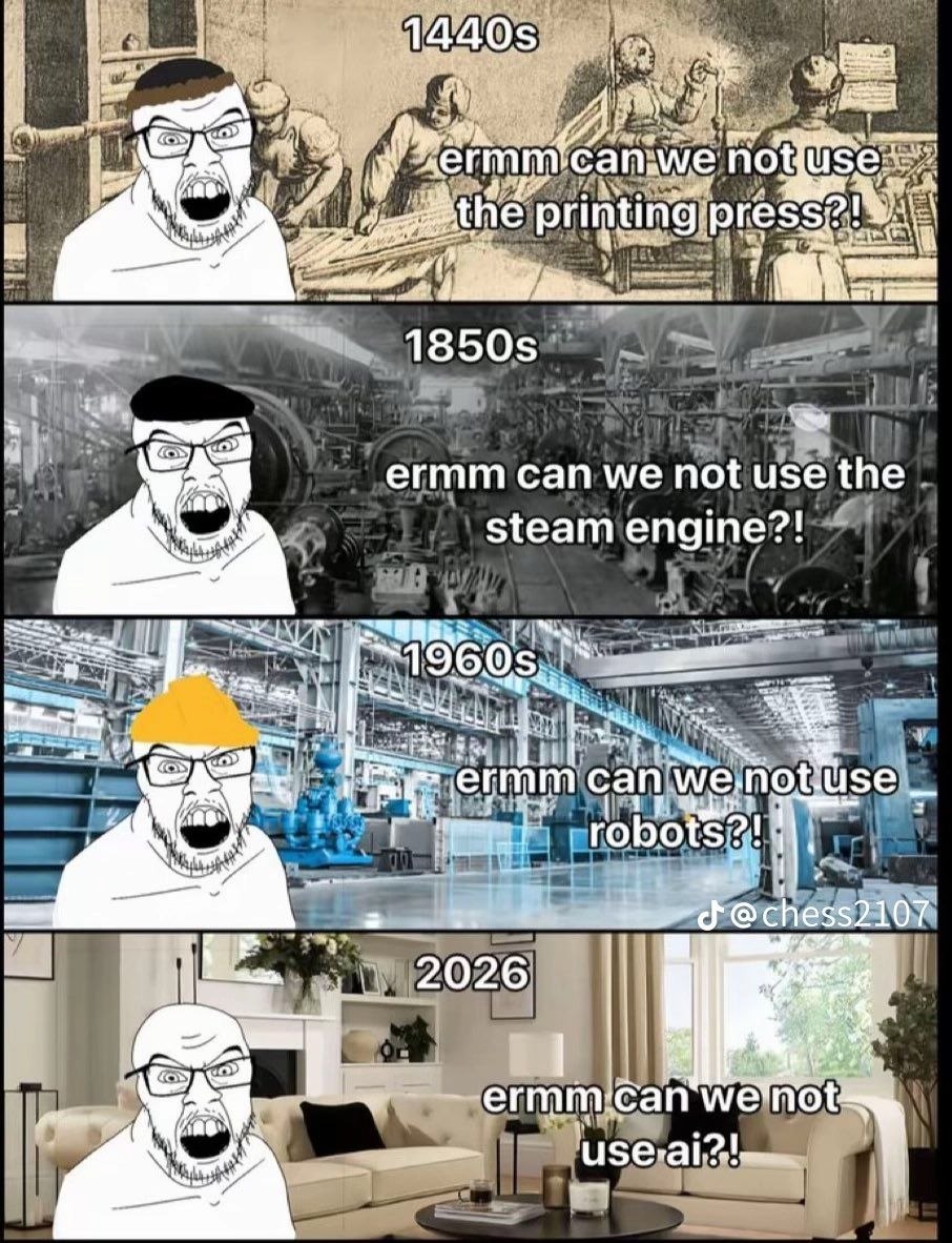 4 panel meme about Luddite attitudes across history
