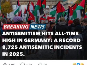 Facebook post about antisemitism in Germany with Brandenburg Gate protest