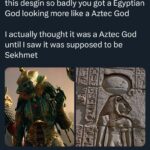 Twitter post complaining God of War's Sekhmet design looks Aztec not Egyptian, with comparison to actual ancient relief