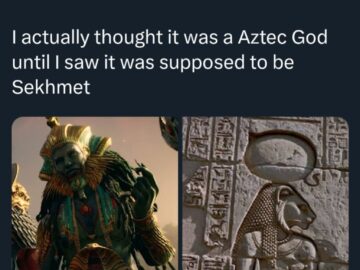 Twitter post complaining God of War's Sekhmet design looks Aztec not Egyptian, with comparison to actual ancient relief