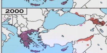 Map comparing Greek and Armenian population distribution in 1900 vs 2000 after genocide and population exchange