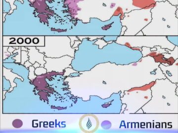 Map comparing Greek and Armenian population distribution in 1900 vs 2000 after genocide and population exchange