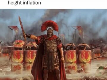 Roman general leading army with text about 5'7 men having aura before height inflation
