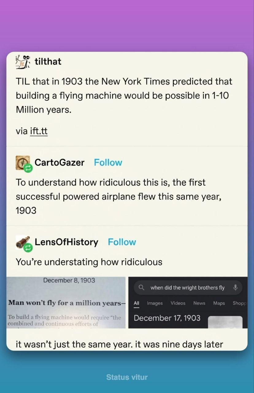 NYT 1903 flight prediction meme