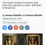 Quartz article screenshot showing the richest families in Florence from 1427 are still the richest today, with two identical Renaissance portraits