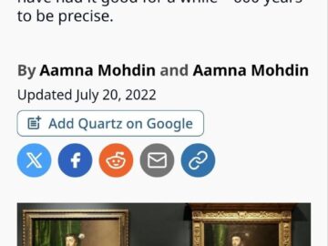 Quartz article screenshot showing the richest families in Florence from 1427 are still the richest today, with two identical Renaissance portraits