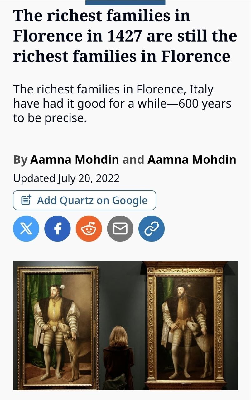 Quartz article screenshot showing Florence wealth persistence over 600 years