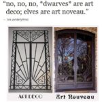 Meme showing Art Deco gate (dwarven/geometric) vs Art Nouveau door (elven/organic)