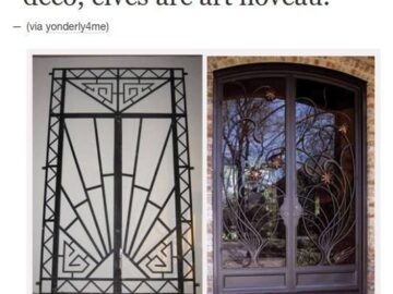 Meme showing Art Deco gate (dwarven/geometric) vs Art Nouveau door (elven/organic)