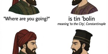Two panel meme showing Byzantine Greek and Ottoman Turk discussing the phrase is tin bolin meaning to the City Constantinople