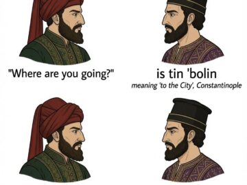 Two panel meme showing Byzantine Greek and Ottoman Turk discussing the phrase is tin bolin meaning to the City Constantinople