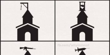 Meme showing church steeples with gallows, guillotine, rifle, and syringe instead of crosses