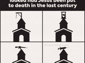Meme showing church steeples with gallows, guillotine, rifle, and syringe instead of crosses