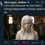 AI-generated photorealistic salt crystal woman in a bar, based on Lot's wife Bible meme