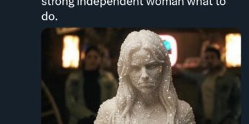 AI-generated photorealistic salt crystal woman in a bar, based on Lot's wife Bible meme