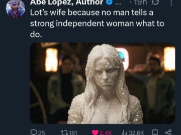 AI-generated photorealistic salt crystal woman in a bar, based on Lot's wife Bible meme