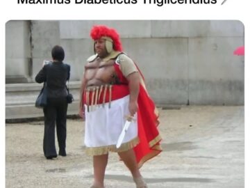 Overweight man in cheap Roman costume with plastic six-pack breastplate and toy sword