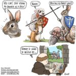 Four panel comic about medieval marginalia - knight rabbit snail battle drawn by worried monk