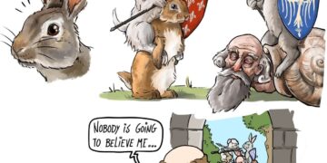 Four panel comic about medieval marginalia - knight rabbit snail battle drawn by worried monk