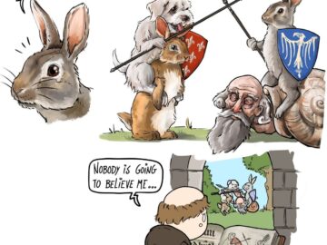 Four panel comic about medieval marginalia - knight rabbit snail battle drawn by worried monk