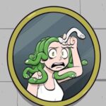 Medusa cartoon looking in mirror in panic, pulling a snake from her hair