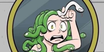 Medusa cartoon looking in mirror in panic, pulling a snake from her hair