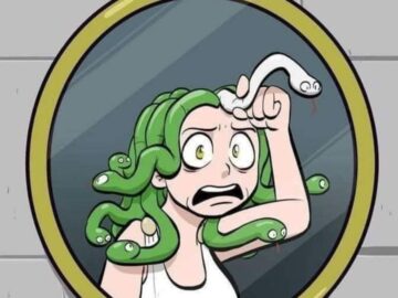 Medusa cartoon looking in mirror in panic, pulling a snake from her hair