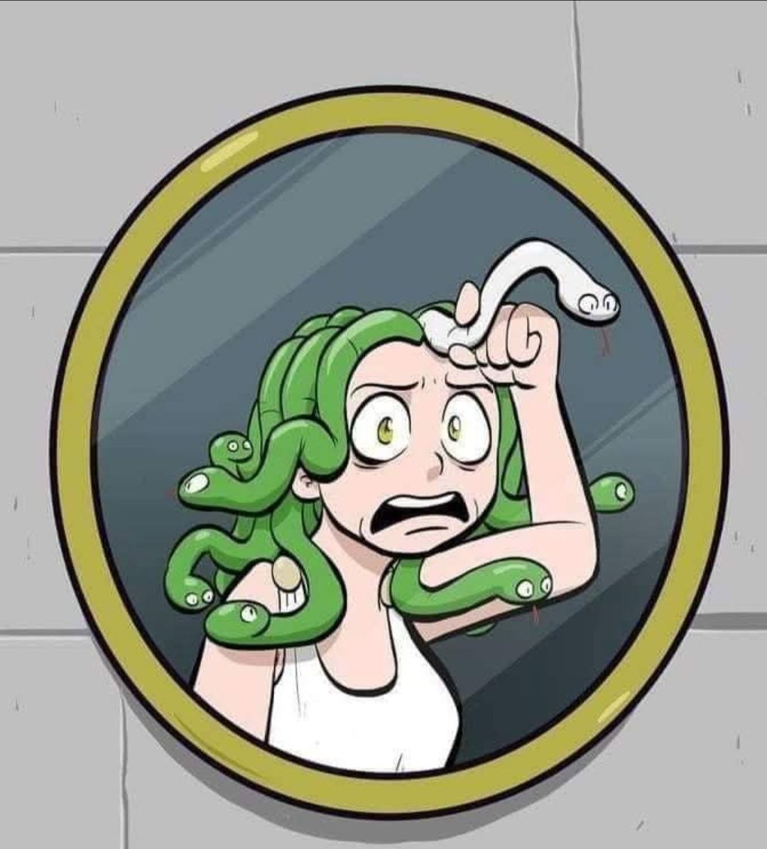 Medusa panics at her own reflection
