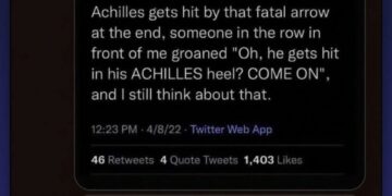 Twitter meme about Achilles heel being cliché and Odysseus name being convenient