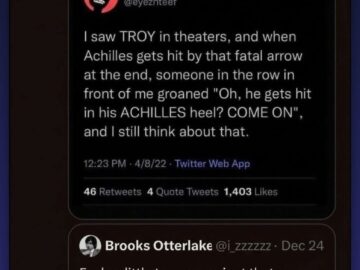 Twitter meme about Achilles heel being cliché and Odysseus name being convenient