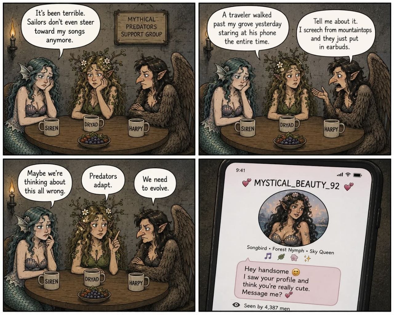 Mythical Predators Support Group dating app comic