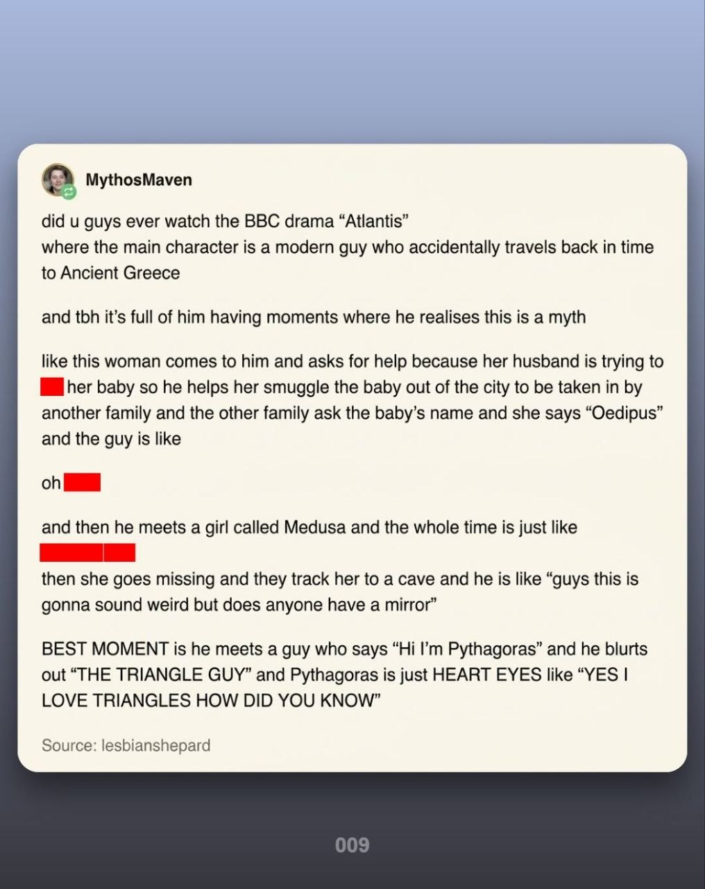 Tumblr screenshot from MythosMaven about BBC's Atlantis drama - The Triangle Guy