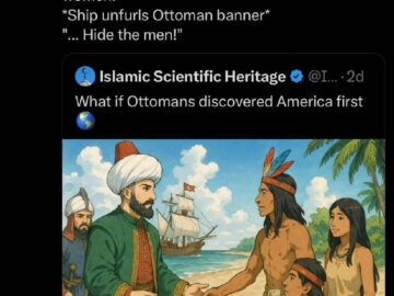Ottoman meets Native American chief on beach with ship