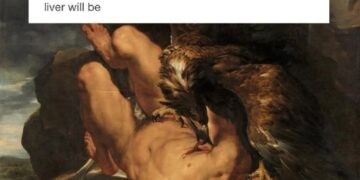 Tumblr post about Prometheus birdfeeder over Prometheus Bound painting