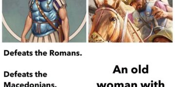 Comparison of Pyrrhus military achievements vs his death by an old woman with a roof tile