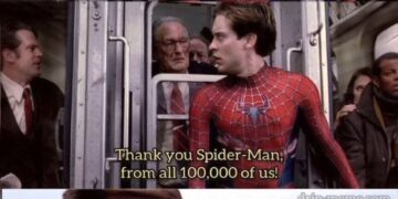 Spider-Man 100k meme with Auschwitz background