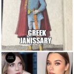 Four-panel meme showing Turkish DNA before (Central Asian women), Greek Janissary illustration, and Turkish DNA nowadays (European-looking women)