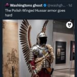 Polish Winged Hussar armor with tweet about movie directors choosing black boiled leather instead of historically accurate armor