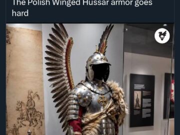 Polish Winged Hussar armor with tweet about movie directors choosing black boiled leather instead of historically accurate armor