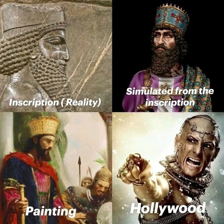 Xerxes comparison - inscription vs reconstruction vs painting vs Hollywood